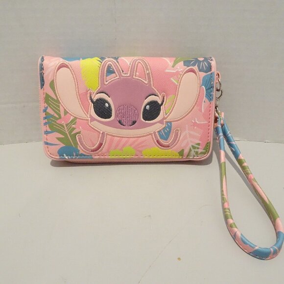 Disney Lilo & Stitch Angel Pink Tropical Design Wristlet Wallet Strap Zip Around - Picture 1 of 7